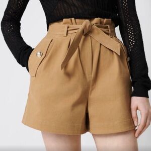 Maje Camel Cotton Canvas Belted Shorts 220IPURE